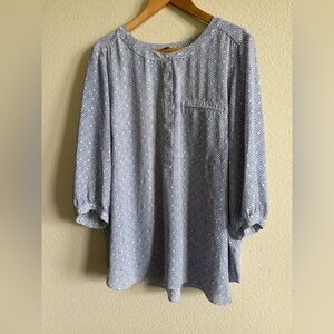 NYDJ White and Blue Relaxed Blouse with Mandarin Collar